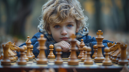 "Autumn Chess Match: Young Mind at Play"
A pensive young boy with curly hair is deep in thought, playing chess outdoors surrounded by the serene hues of fall.