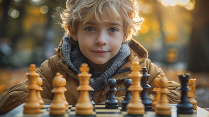 "Golden Hour Game: Child's Chess in the Park"
A bright-eyed boy with blonde curls enjoys a game of chess in a park bathed in golden autumn light.