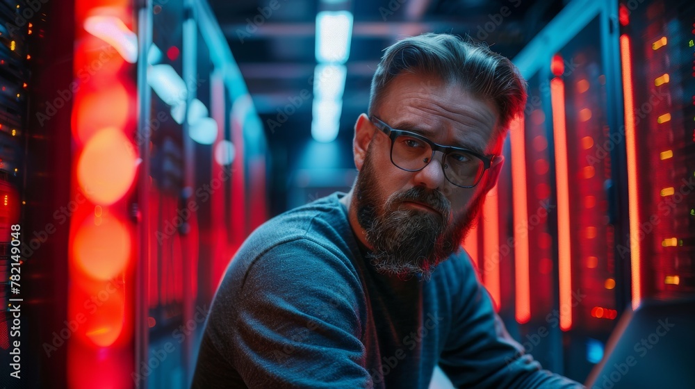 Aufkleber during a maintenance / diagnostics run, a bearded it specialist with glasses is working on his lapto