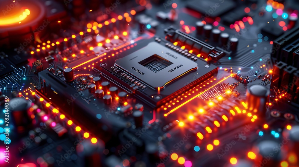 Poster Close-up of a modern GPU card with circuitry and colorful lights 3D rendering