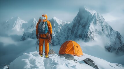 Adventurous hiker standing on a snowy mountain ridge admiring the majestic peaks - obrazy, fototapety, plakaty