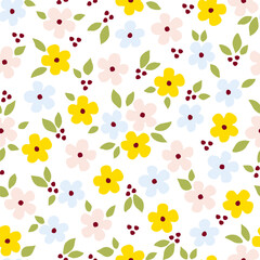 Simple cute floral vector seamless pattern. Small flowers, leaves on a white background. For fabric prints, textile products.