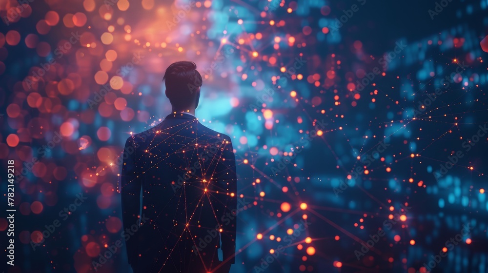 Poster A businessman using floating digital network connections with dots and lines on a dark background