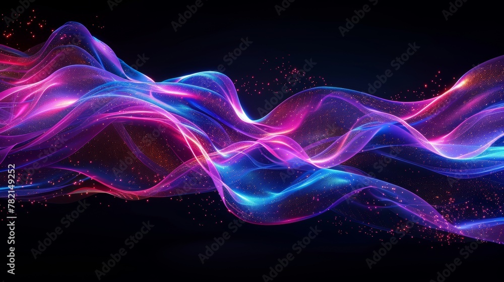 Aufkleber Abstract glowing lines background. Wavy form neon line structure. Futuristic blue, purple, red colors. Technology concept. Glonal network connection. Isolated on black. 3D rendering.