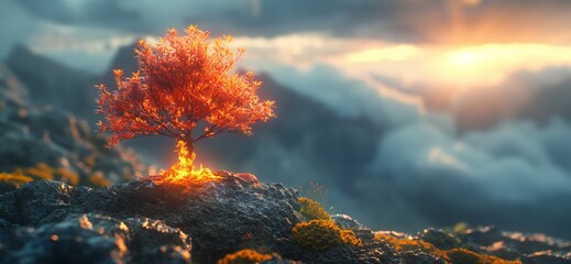 Tree burning with bright orange flames on rocky ground - obrazy, fototapety, plakaty