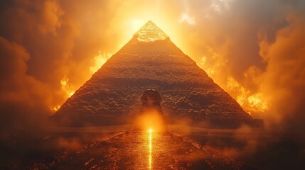 Mysterious Glowing Pyramid Portal on Abstract Fiery Background - obrazy, fototapety, plakaty