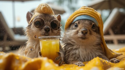 Funny squirrels at table enjoying orange juice together