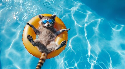 Raccoon enjoying a fun summer swim with pool toy