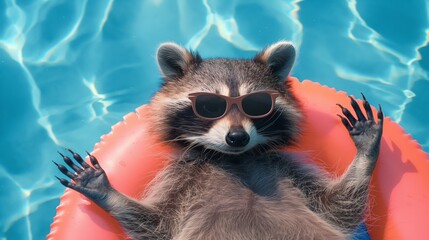 Raccoon relaxing in pool on hot summer day