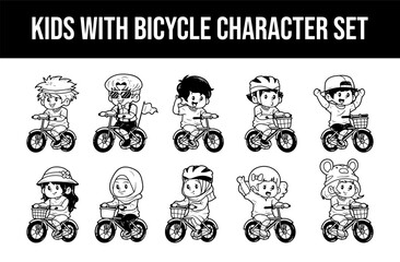 Kids with bicycle character outline sketch vector illustration set