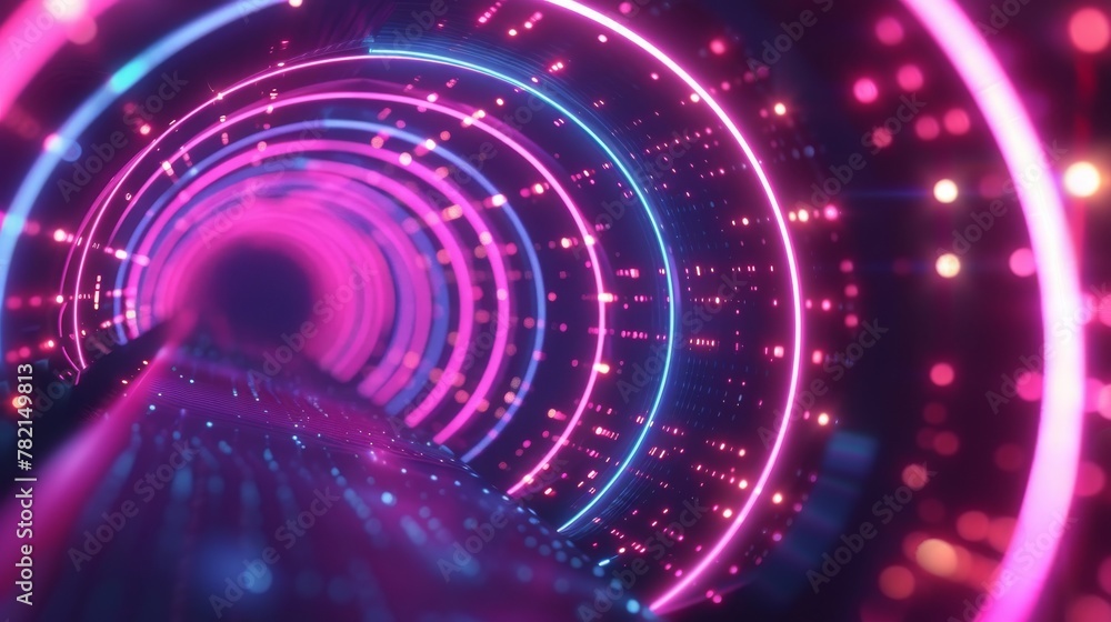 Poster an abstract neon background with laser neon lines circling along a circular dark geometry. colorful 