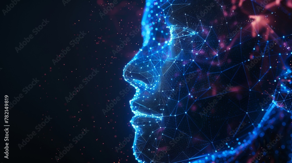 Poster 3D head with low polygon subdivisions on a dark background. Facial recognition, biometrics and cyber security concept.