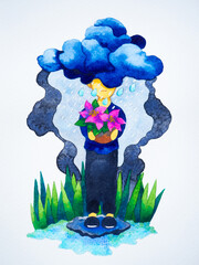 boy in blue rainy cloud head body mind mental health healing spiritual breath calm peace positive thinking energy emotion wellbeing lifestyle self care love art watercolor painting illustration design