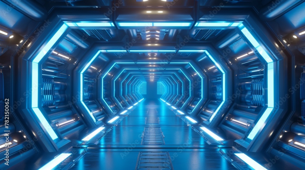 Sticker An illuminated corridor interior design. A futuristic design spaceship interior on a blue background with a 3D rendering of the interior.