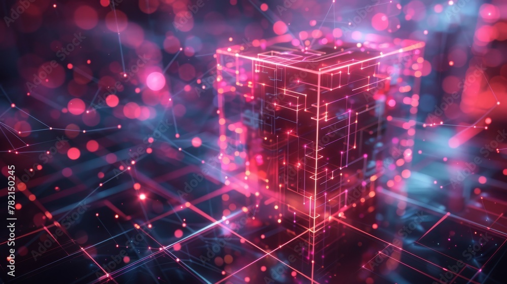 Poster A futuristic concept with lines and dots. 3d illustration of an abstract background with a cube.