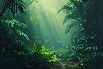 Illuminated Jungle: A Painting of Sunlight Streaming Through Trees, A tranquil rain forest scene with minimalist touch, AI Generated