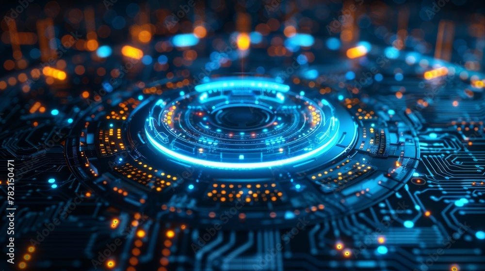 Fototapete An abstract technology product display background with a glowing sci-fi circle circuit hud set on dotted blue backgrounds with microchips.