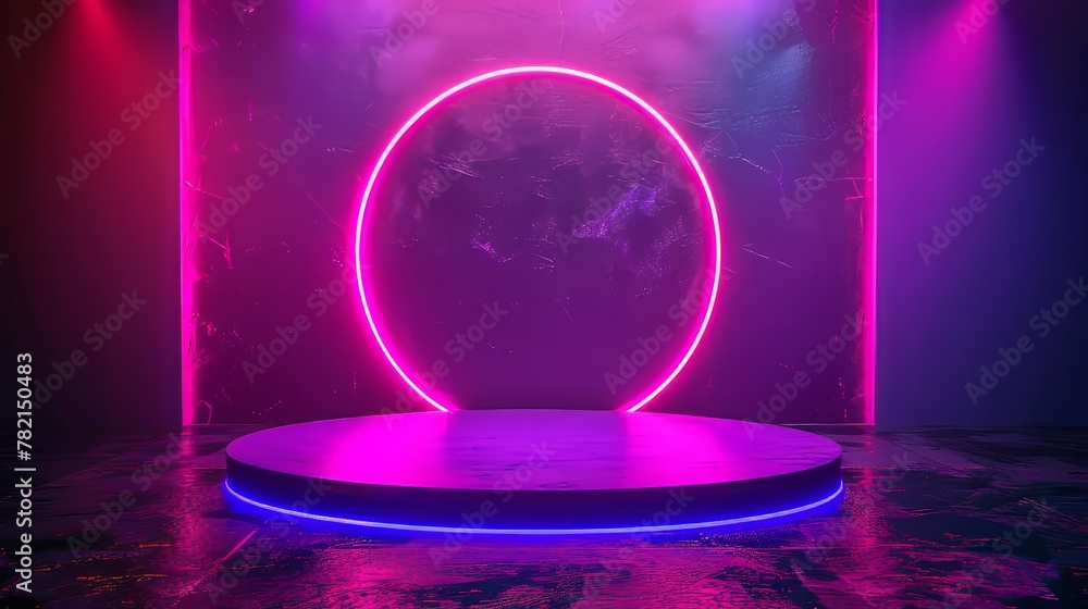 Poster a dark room with a violet diagonal neon, a circle podium, and a 3d modern showcase with copy space.