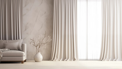 Elegant living room interior with white sofa and curtains 3d render - obrazy, fototapety, plakaty