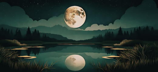 illustrazione di grande luna piena che si riflette nelle acque calme di uno stagno - obrazy, fototapety, plakaty