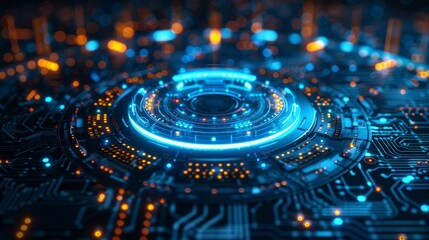 An abstract technology product display background with a glowing sci-fi circle circuit hud set on dotted blue backgrounds with microchips. - obrazy, fototapety, plakaty