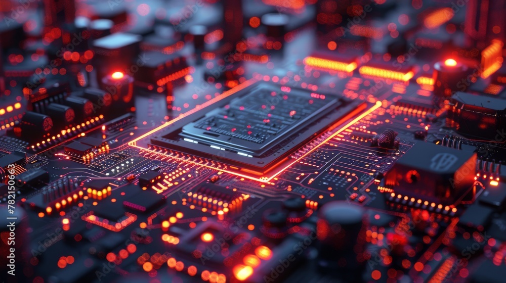 Poster A 3D rendering of a cyberpunk AI circuit board. Technology background. Central computer processors that are CPUs and GPUs. Motherboard digital chips. Background in technology...