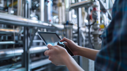 A person is holding a tablet in a factory setting. The tablet is being used to control a machine