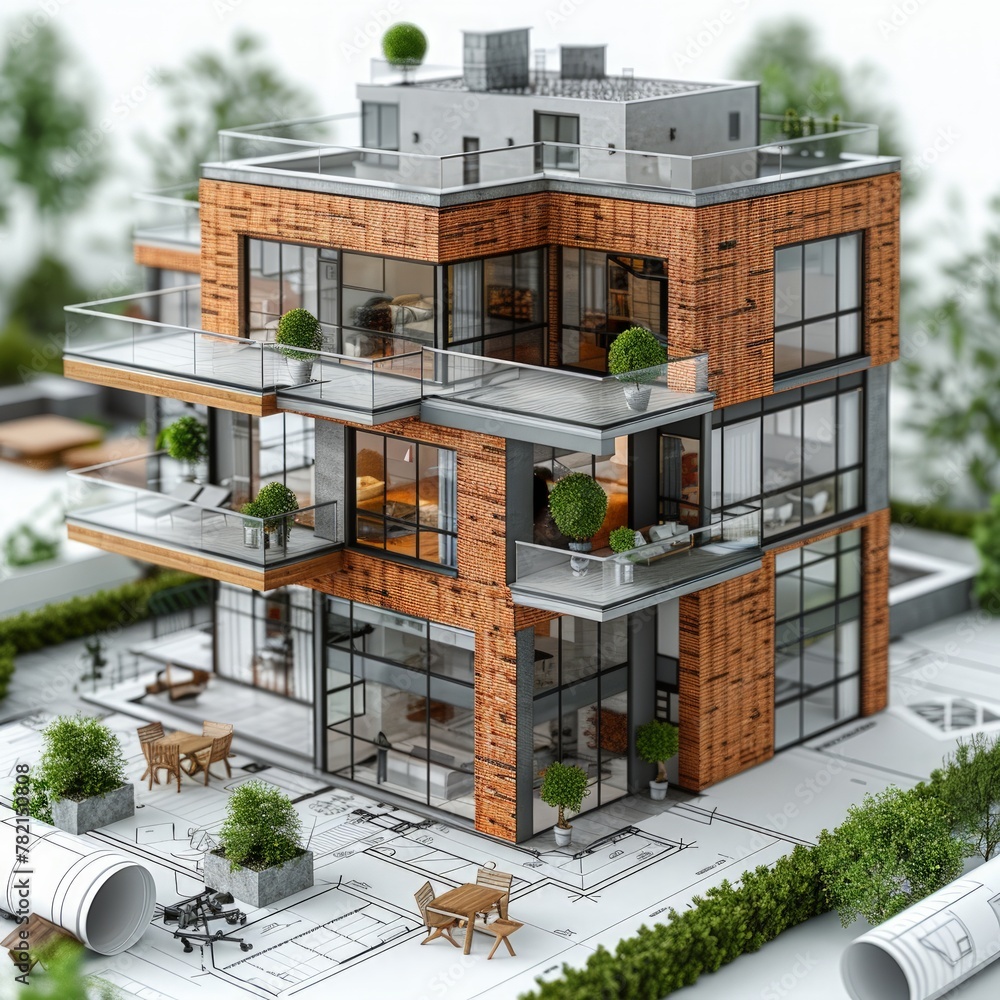 Fototapete residential building architecture project with mock up and blueprints