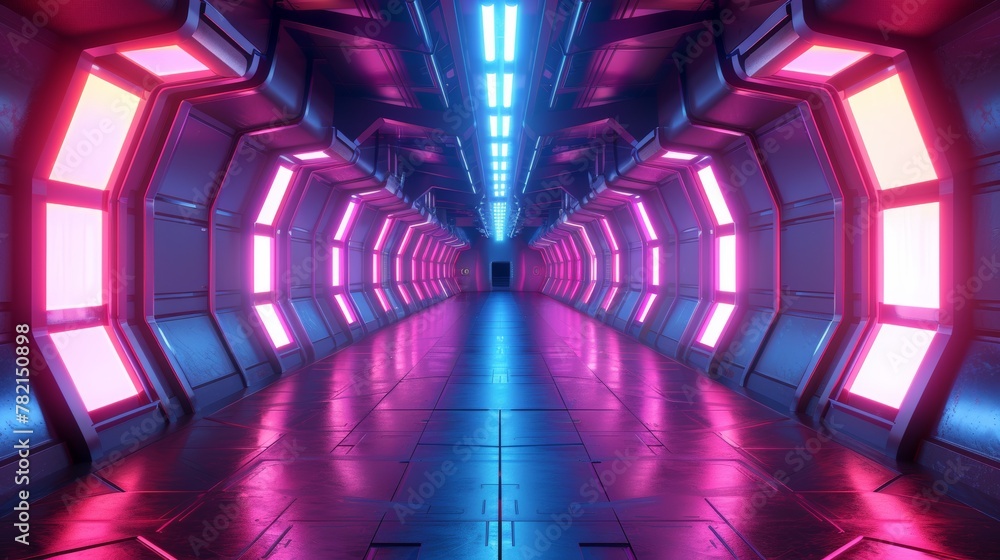 Aufkleber a 3d rendering of a spaceship corridor with a neon glow in blue purple background. good for advertis