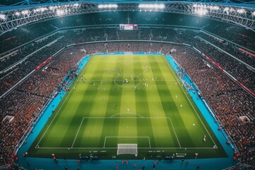 A massive stadium packed with thousands of individuals cheering and enjoying a live event, A top view of football match in a large stadium, AI Generated