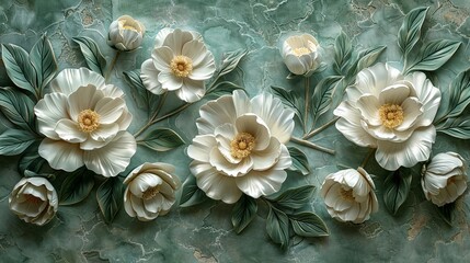 Lush Green Peony Plasterwork on Textured Wall