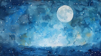 A night sky with a moon background on textured watercolor paper