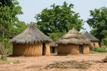 Fototapeta na wymiar A photo featuring a dirt field with a couple of huts, showcasing the simple dwellings on a rustic landscape, A traditional African mud hut village, AI Generated
