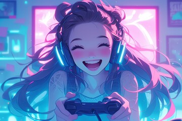 A happy gamer girl is laughing while playing video games on her gaming computer with headphones and neon lights in the background.