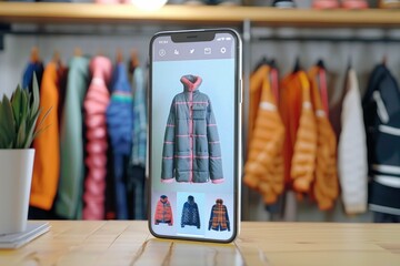 A closeup of a smartphone screen displaying an image of a stylish jacket for online shopping concept