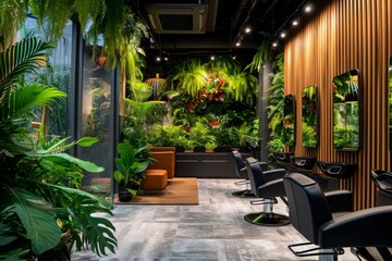 Fototapeta na wymiar A hair salon filled with lush green plants and numerous chairs for clients, A tranquil ambiance of a luxury hair spa, with lush plants and calming music, AI Generated