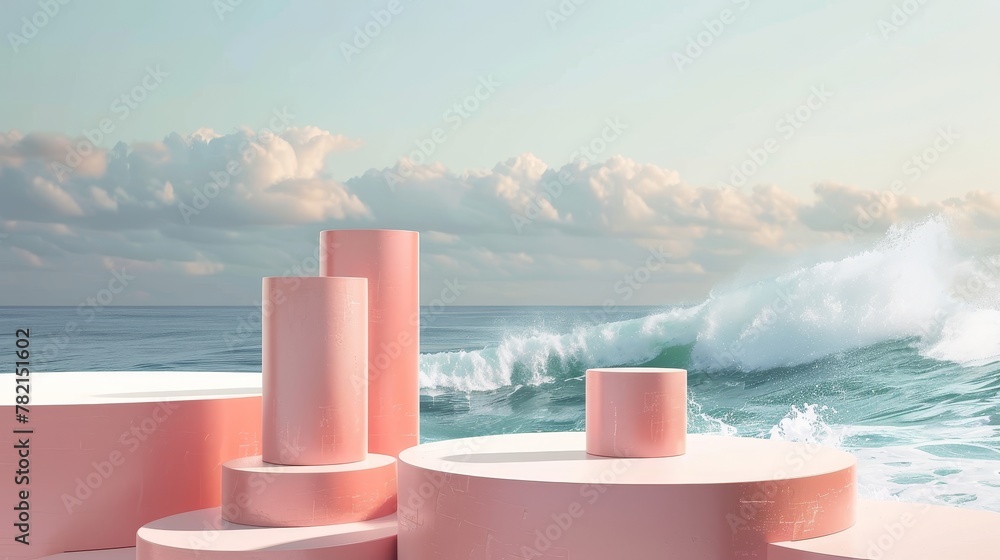Poster The natural beauty podium backdrop with the cylinder box is used for cosmetic product displays. The abstract background shows a seascape with a 3D scene composition...