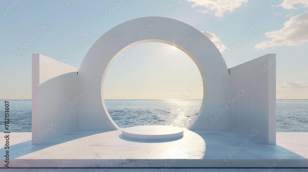 Poster a scene with geometric forms and a podium in natural daylight. a minimal landscape background. a sea