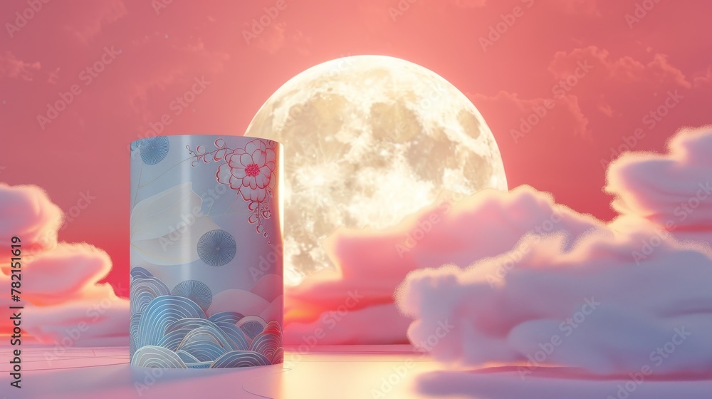 Poster mid autumn festival background. abstract cylinder box with full moon background. 3d rendering.