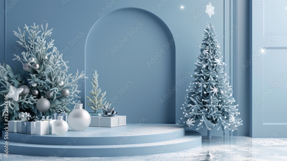 Fototapete This is an abstract 3D composition with a Christmas tree and a stage for displaying products during the winter season.
