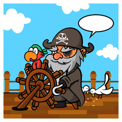 Captain Pirates cartoon characters driving wheels and sailing in ocean with a sailboat with his parrot. Best for sticker, logo, and mascot with medieval transportation themes