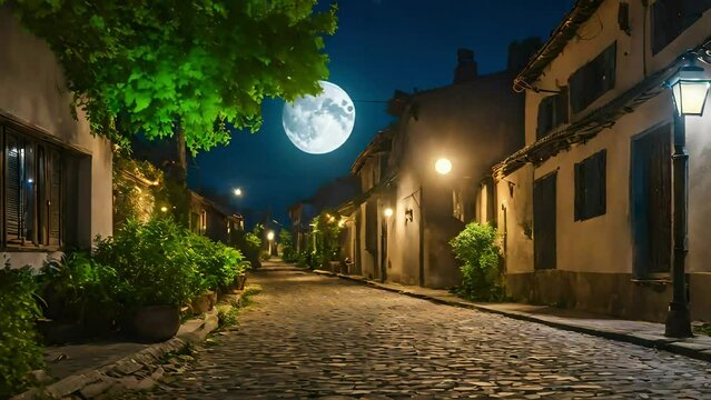 beautiful village alley in night under big moon, beautiful alley in night, relaxing nature, calming nature, asmr, travel, youtube, stock videos, life stock, nature videos, village alley in night	