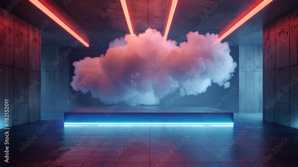 Poster a futuristic sci-fi modern stage with reflective concrete, glowing neon and clouds. 3d render.