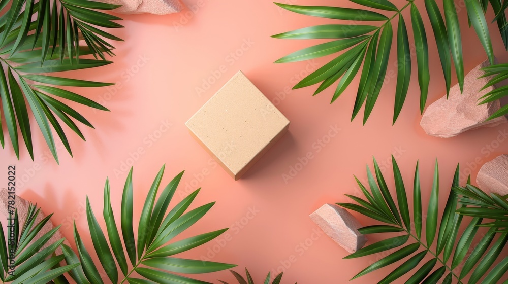 Poster the natural emptiness of a cube on a summer multicolor background with tropical palm leaves is perfe