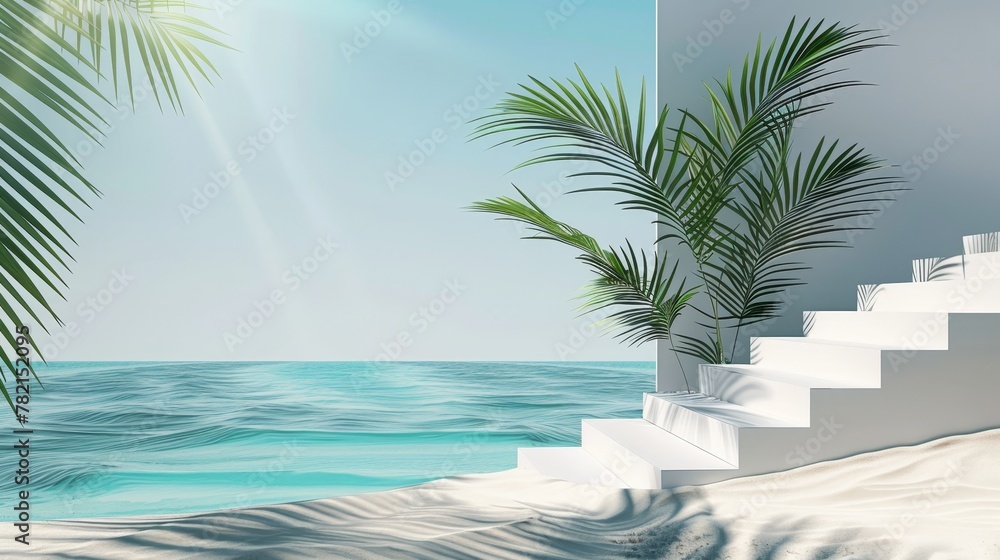 Poster beach backdrop with white stairway and palm tree shadow. abstract summer scene. sea view.