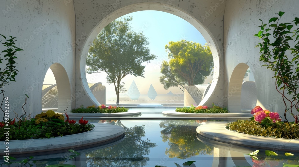 Aufkleber in this abstract 3d scene there are geometrical forms, an arch leading to a garden and a view of the