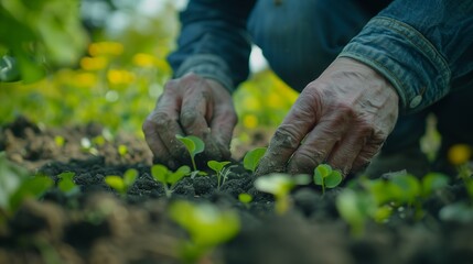 Naklejka premium An elderly man is planting seeds in the garden. Close-up of a man's hands planting seeds in the soil. Spring work in the garden at the cottage.