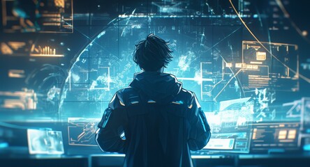 A man in profile looking at digital data on the screen, surrounded by glowing cyberpunk elements. 