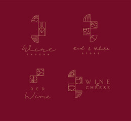 Art deco wine labels with lettering drawing in linear style on red background