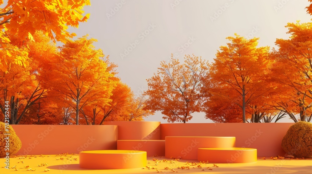 Poster This is a 3D rendering of a landscape scene with a group of podiums in autumn.